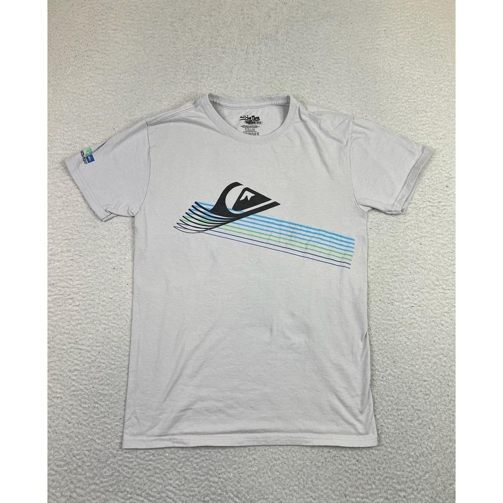 Quiksilver Shirt Mens Small Gray Slim Fit Wave Stripe Graphic Surf Cotton Tee